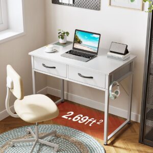 ODK Small Desk with Fabric Drawers- for Bedroom, White Vanity Desk with Storage, Home Office Computer Desk for Small Spaces, 32 Inch Modern Work Writing Study Table, White