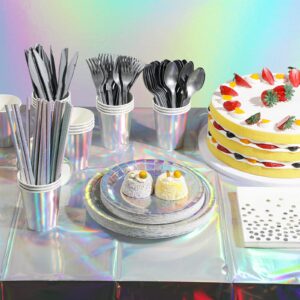 Iridescent Party Supplies Decorations, Holographic Paper Plates and Napkins Set, Disposable Iridescent Paper Plates Cups Knives Spoons Fork Straw for Mermaid Birthday Wedding Party, Serve 25