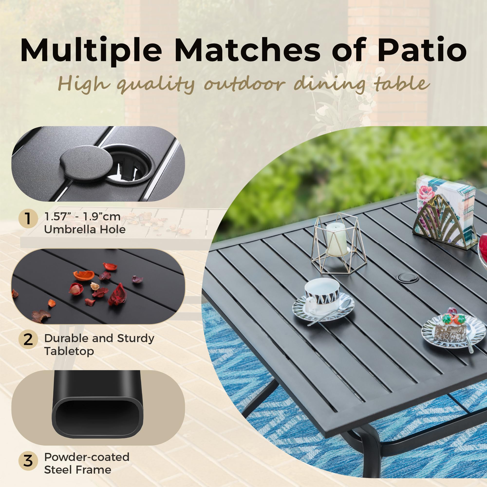 MIXPATIO Patio Table and Chairs Set for 4, 5-Piece Outdoor Dining Set with Brown Textilene Chairs and 37" Square Metal Umbrella Table for Deck Backyard Lawn