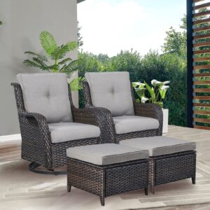 rilyson wicker patio furniture set - 4 piece rattan outdoor patio conversation sets with 2 swivel rocking chairs,2 ottomans for porch deck garden(brown/grey)