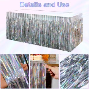 2 Pack Iridescent Table Skirt, Metallic Foil Fringe Tinsel Table Skirts for Rectangle Tables, Disposable Laser Rainbow Table Skirt Iridescent Party Decorations for Birthday Wedding Holiday, 29x108Inch