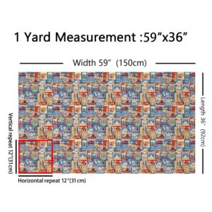 Travel Themed Fabric by The Yard World Urban Landscape Decorative Fabric for Sewing Lovers Cartoon City Building Retro Plaid Fabric for DIY Outdoor Indoor Furnishing Hobby 1 Yard