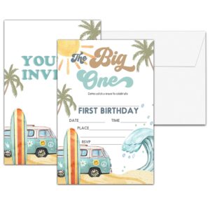 chuxvon 1st birthday party invitations, surf birthday invitations, double-sided retro surf van surfboard themed fill in invites, beach birthday party decorations, 20 cards with 20 envelopes(b01)