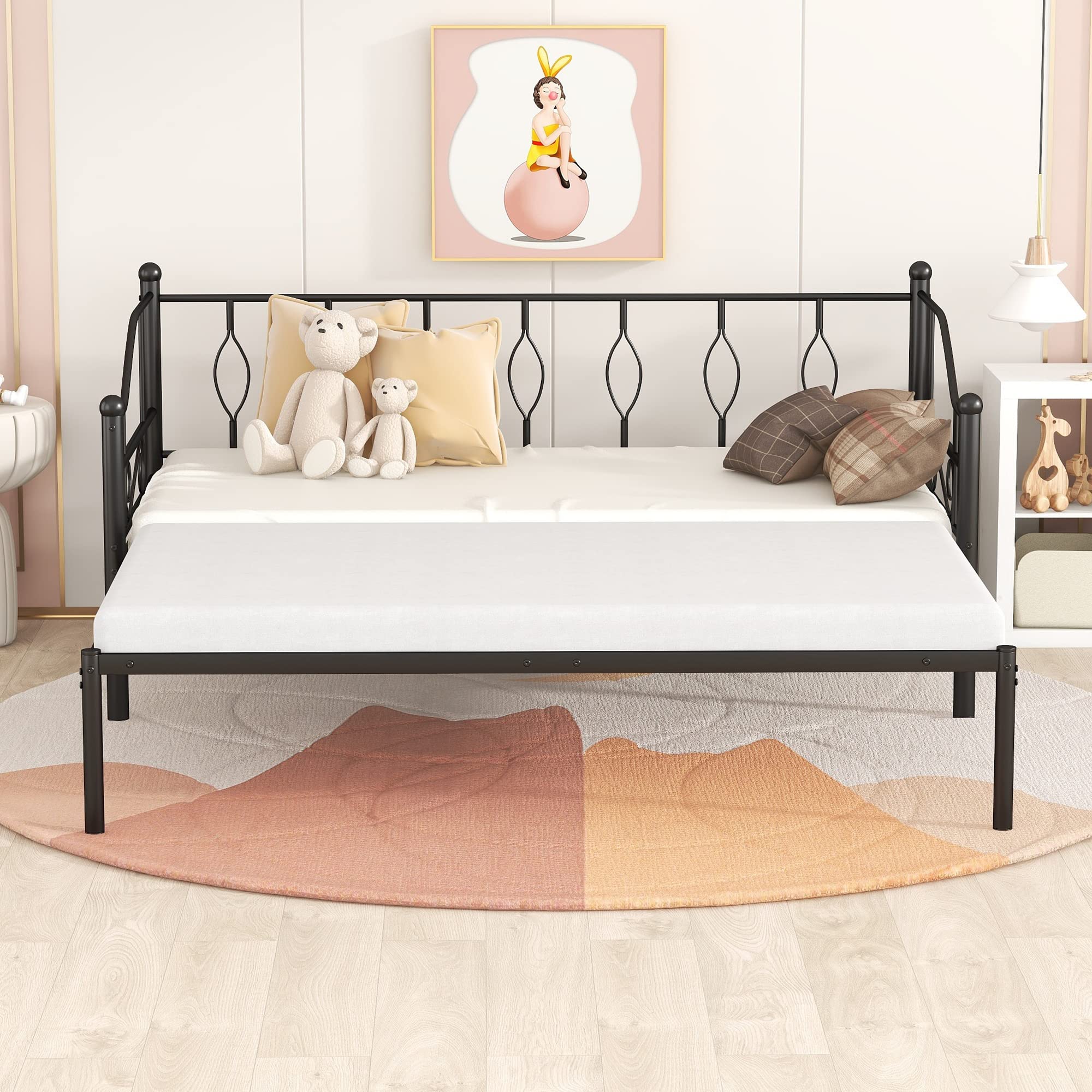 SOFTSEA Twin Size Daybed with Pop Up Trundle, Metal Daybed with Twin Size Trundle for Adults and Guests, Extendable Daybed Twin to King Size, Heavy Duty Slat Support, No Box Spring Needed (Black)