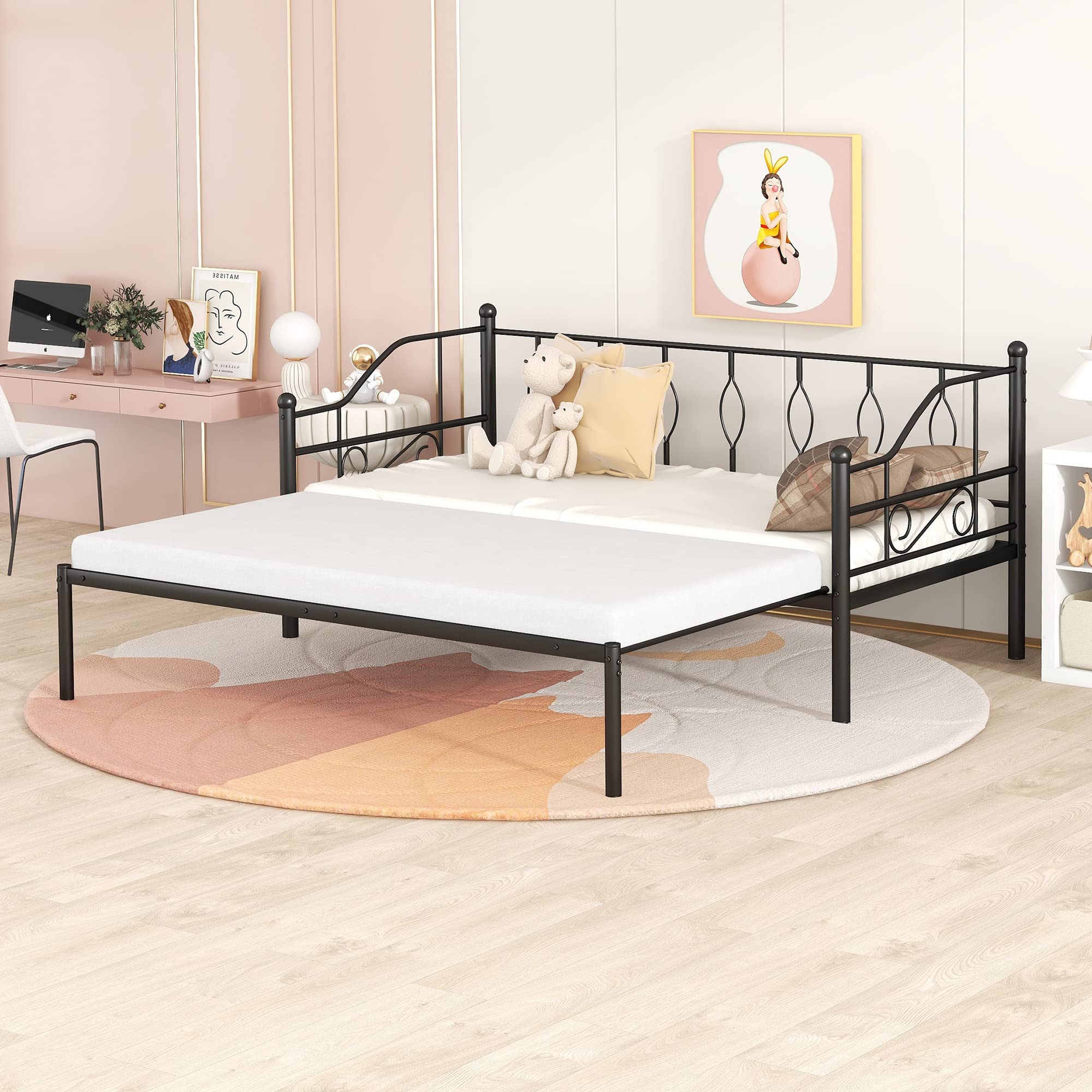 SOFTSEA Twin Size Daybed with Pop Up Trundle, Metal Daybed with Twin Size Trundle for Adults and Guests, Extendable Daybed Twin to King Size, Heavy Duty Slat Support, No Box Spring Needed (Black)