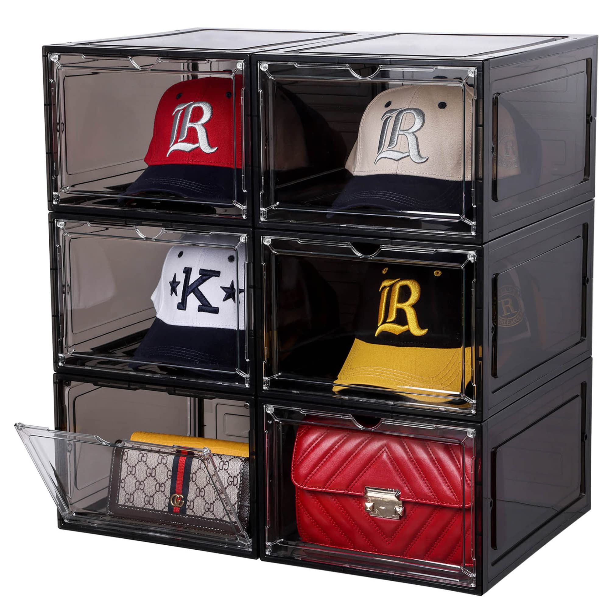 Attelite Hat Organizer for Baseball Caps, set of 6, Stackable Hat Storage Box, Hat Holder With Transparent Magnetic Door, Hat Rack, Easy to Assemble Stylish Hat Display(Clear Black)