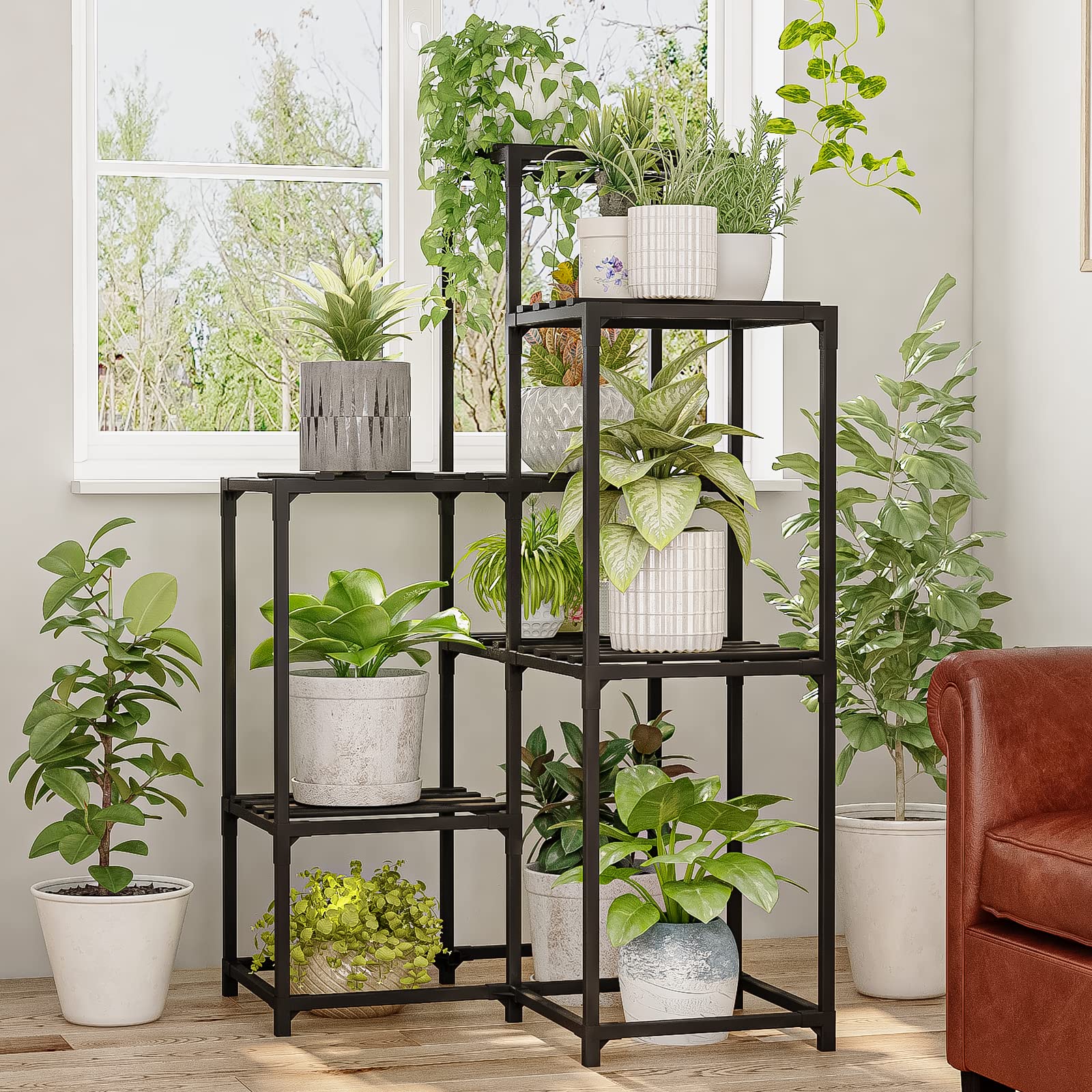 Bamworld Plant Stand Outdoor Black Corner Plant Shelf/Holder for Living 7-Tier Stands Room Plant Rack Multiple Plants Patio Balcony Garden