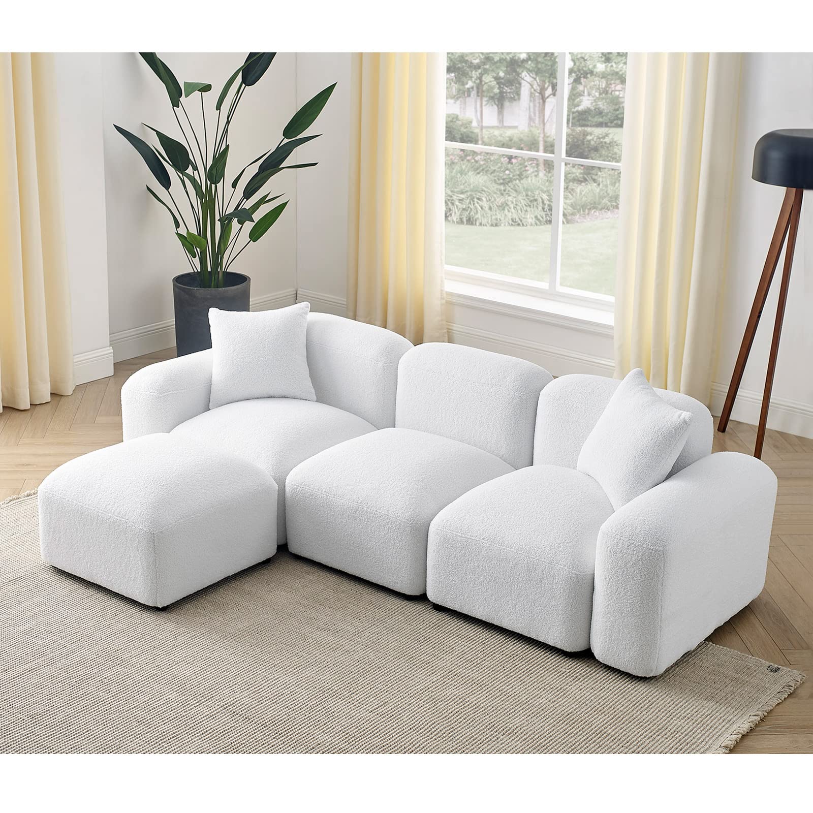 Taiweny Convertible Modular Sectional Sofa, Boucle Fabric L-Shaped Modern Bubble Couch with Ottoman, 3-Seater Sherpa Teddy Sofas for Living Room Apartment, 94”, White