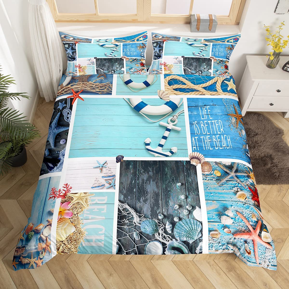 Erosebridal Nautical Theme Duvet Cover King Seashell Conch Starfish Bedding Set Sea Ocean Animal Comforter Cover 3D Beach Theme Patchwork Decor Bed Sets Coastal Lodge Cabin Bedding (No Comforter)