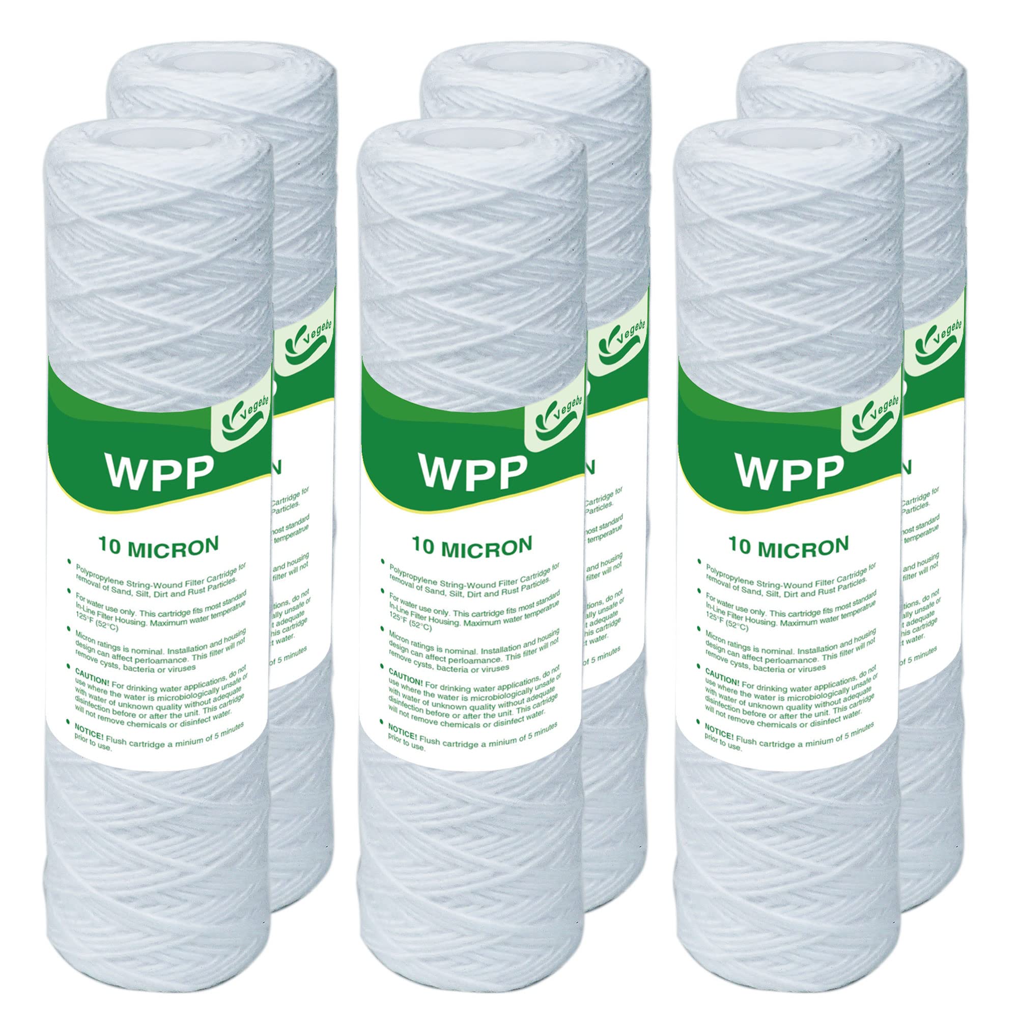 VEGEBE 10 Micron String Wound Whole House Water Filter 10" x 2.5", 10-inch Universal Sediment Pre-Filters for Well Water, Replacement Cartridge for FXWSC, CW-F, CW-MF, 1SS, W5W, AO-WH-PRE-R2, 6-Pack