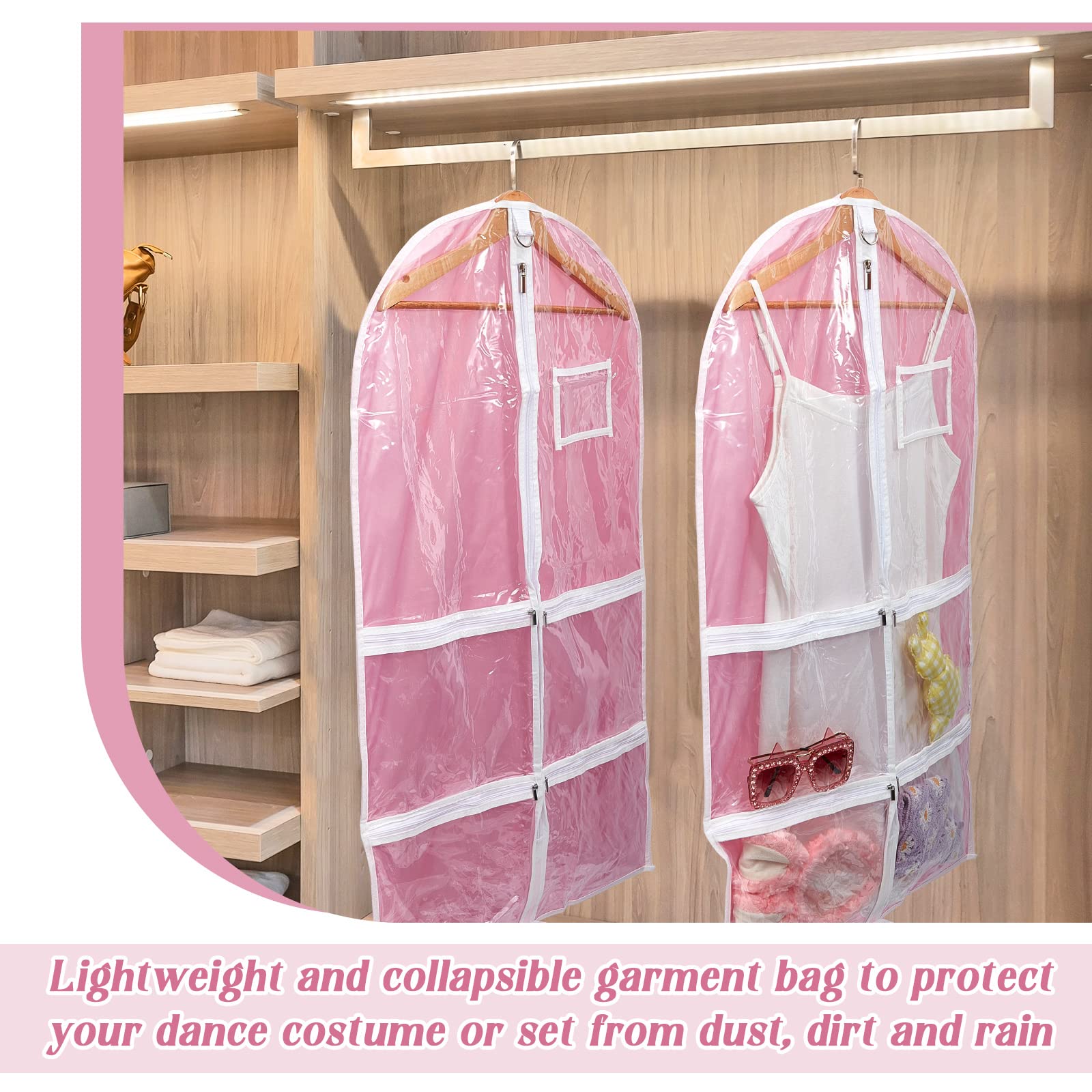 6 Pcs Kids Dance Costume Garment Bag Garment Bags for Hanging Clothes Clear Garment Bags Dance Garment Bags for Dancers with 5 Zipper Pockets Closet Hanging Clothes Cover (Pink,37 x 21 Inch)