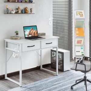 ODK Small Desk with Fabric Drawers- for Bedroom, White Vanity Desk with Storage, Home Office Computer Desk for Small Spaces, 32 Inch Modern Work Writing Study Table, White