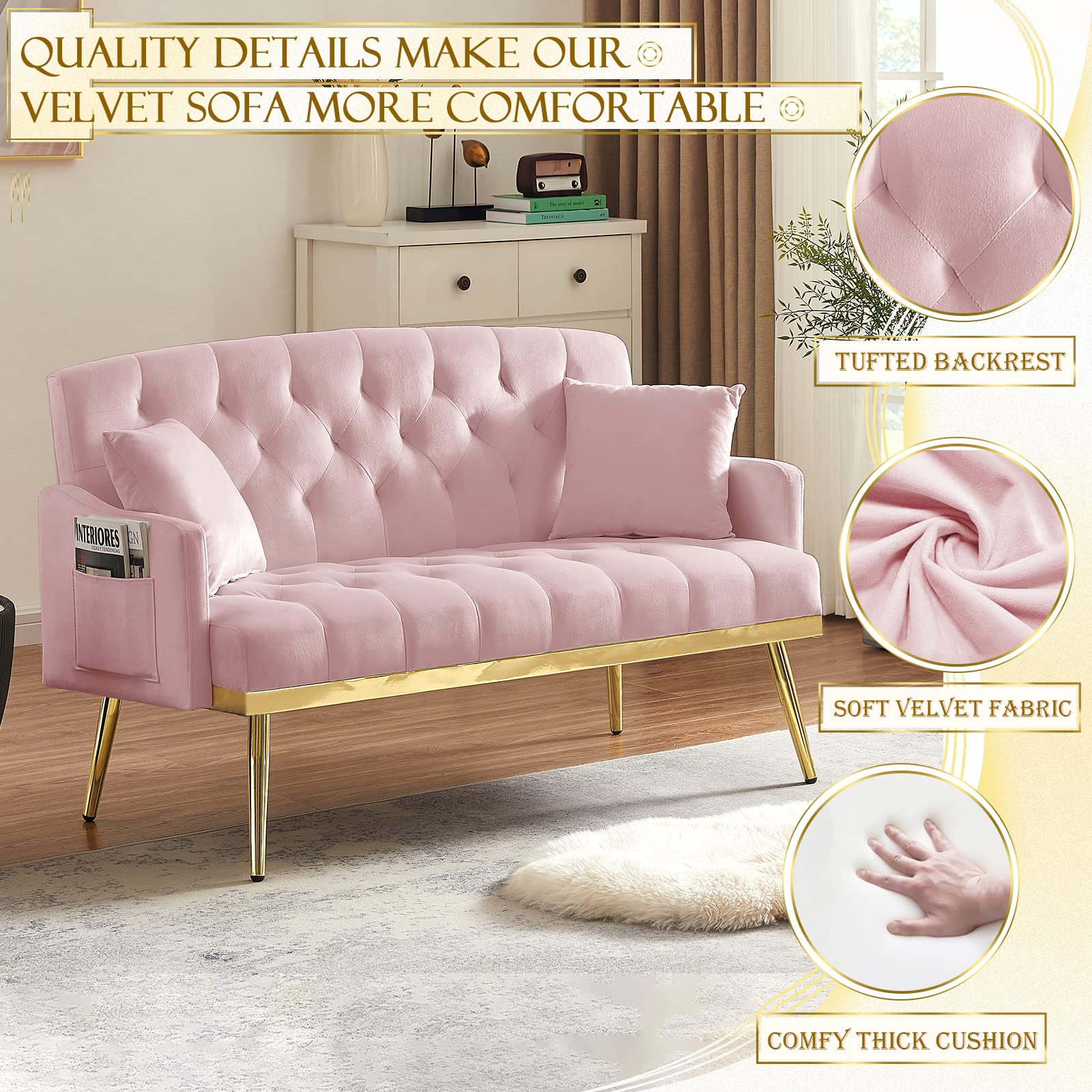 Antetek Upholstered Velvet Loveseat Sofa, Modern Small Sofa Couch with Side Pocket and Golden Metal Legs, Tufted Leisure Sofa for Living Room, Bedroom, Office, Pink