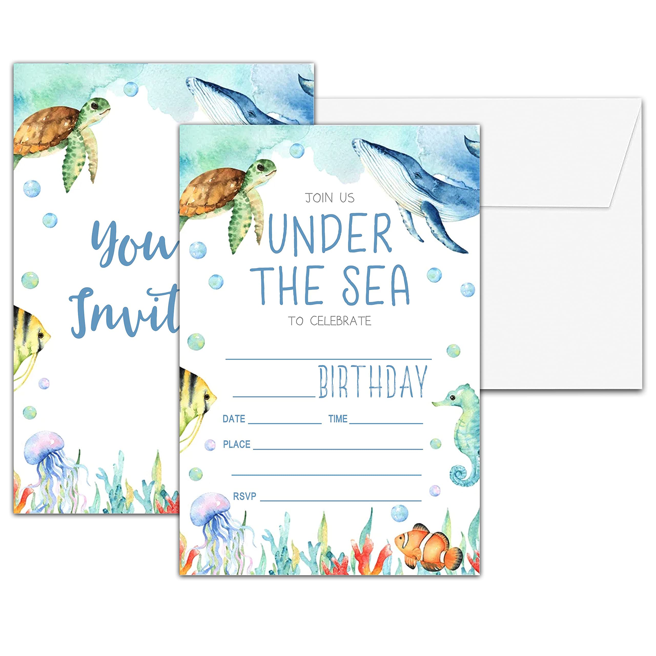 Chuxvon Birthday Party Invitations, Under The Sea Birthday Invitations, Double-Sided Watercolor Ocean Animals Themed Fill In Invites, Ocean Birthday Party Decorations, 20 Cards With 20 Envelopes(B06)