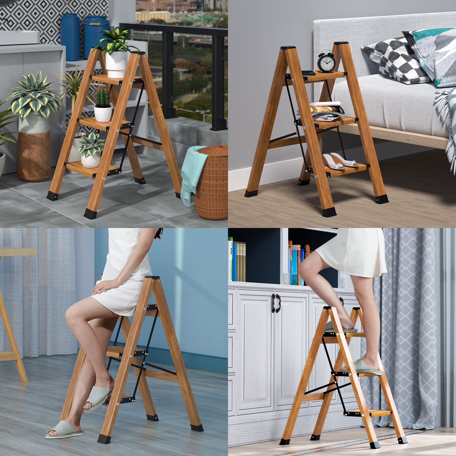 3 Step Ladder, Aluminum Lightweight Folding Step Stool Wide Anti-Slip Pedal, Multi-Functional Ladders with 330lbs Load Capacity for Household and Kitchen Space Saving,Woodgrain