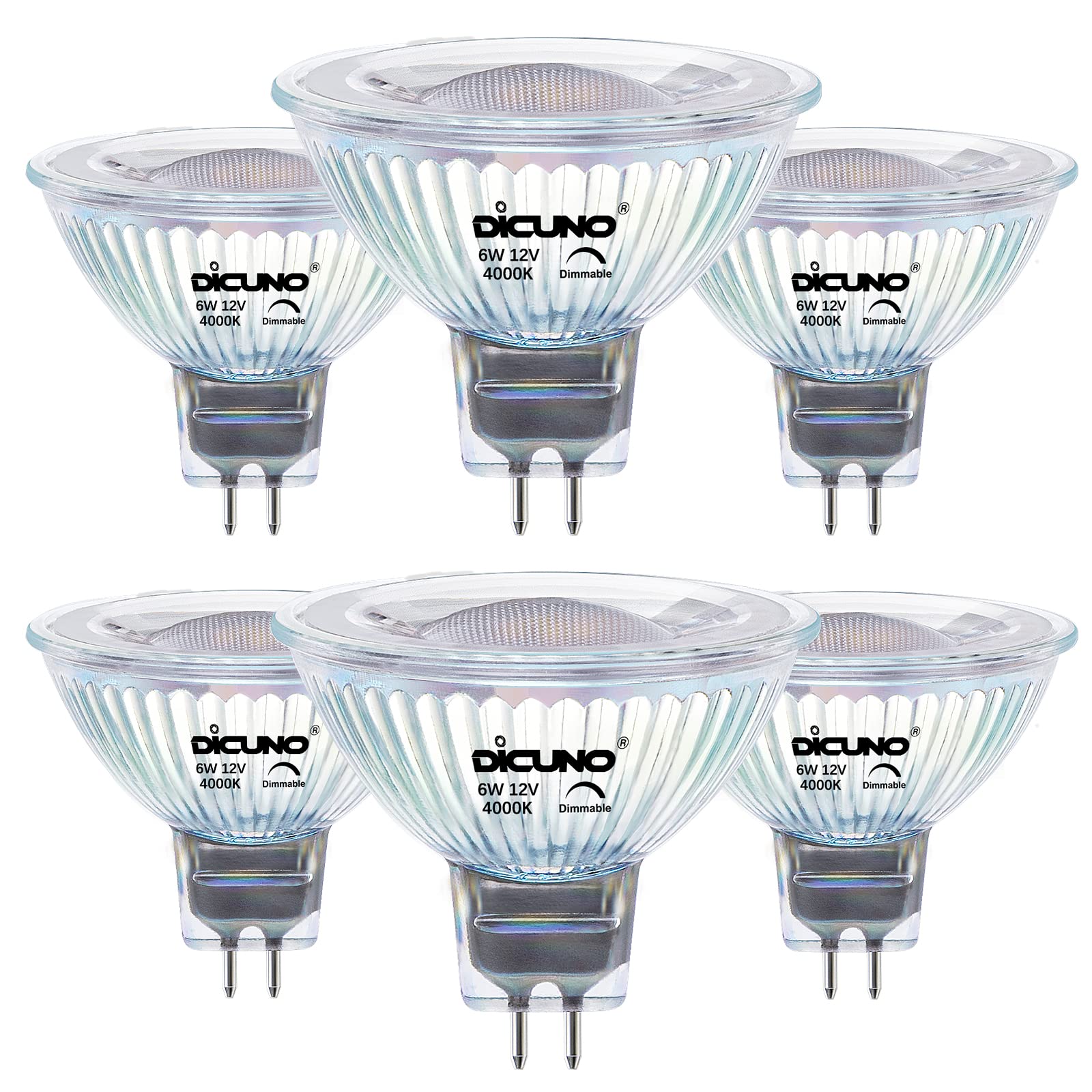 DiCUNO MR16 LED Bulb Dimmable, 60W Equivalent, 4000K Natural White, GU5.3 Base Bulb 6W, 40 Degree Beam Angle, 650LM, 12V AC/DC, Landscape Light Bulb Spotlight Lighting, 6 Pack