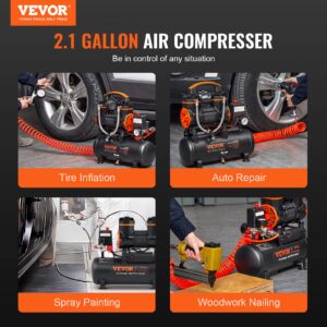 VEVOR 2.1 Gallon Air Compressor, 1.2HP 2.2 CFM@90PSI Oil Free Air Compressor Tank & Max. 116PSI Pressure, 70 dB Ultra Quiet Compressor for Auto Repair, Tire Inflation, Spray Painting, Woodwork Nailing