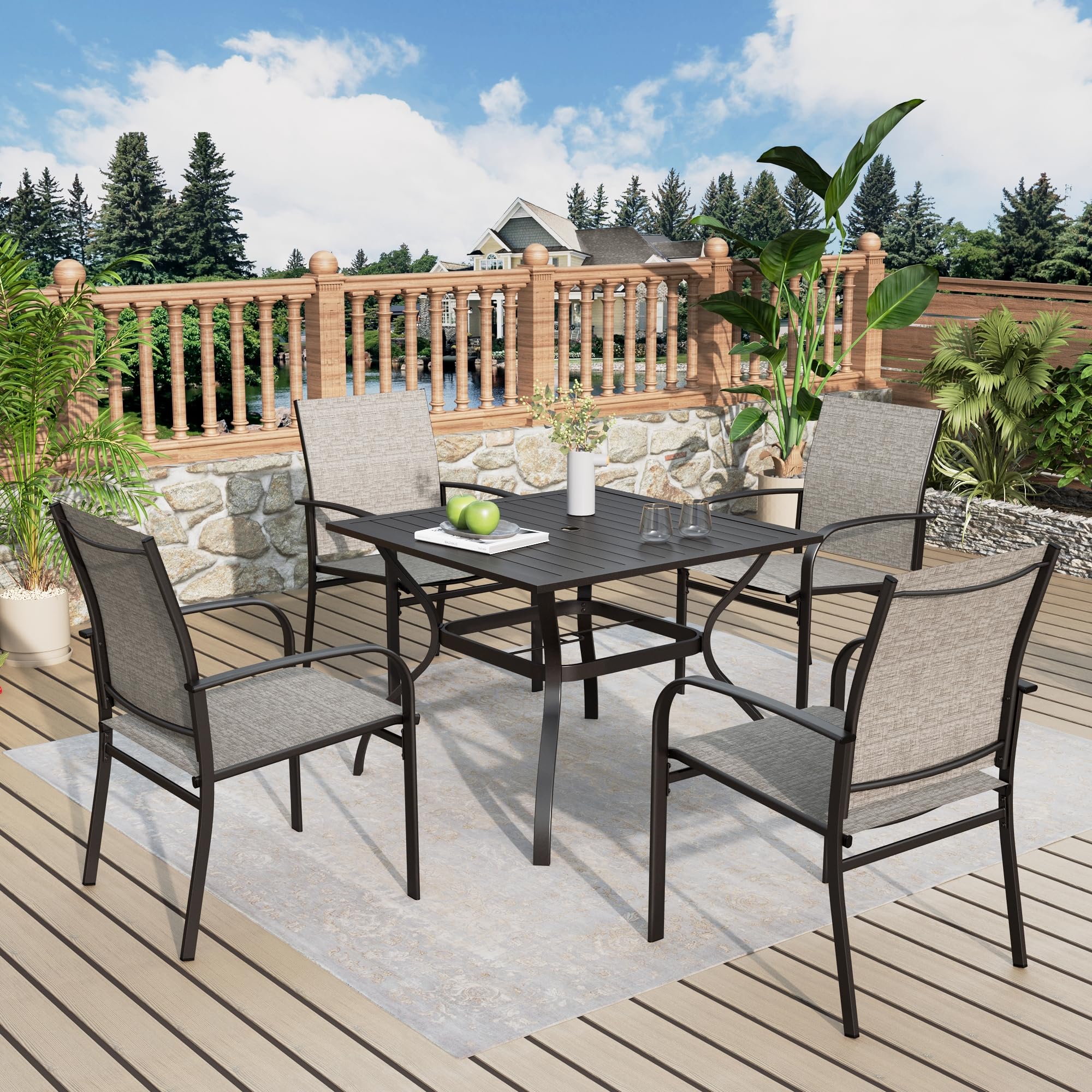 MIXPATIO Patio Table and Chairs Set for 4, 5-Piece Outdoor Dining Set with Brown Textilene Chairs and 37" Square Metal Umbrella Table for Deck Backyard Lawn