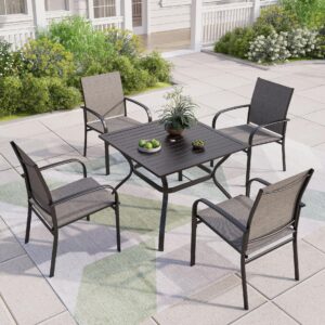 MIXPATIO Patio Table and Chairs Set for 4, 5-Piece Outdoor Dining Set with Brown Textilene Chairs and 37" Square Metal Umbrella Table for Deck Backyard Lawn