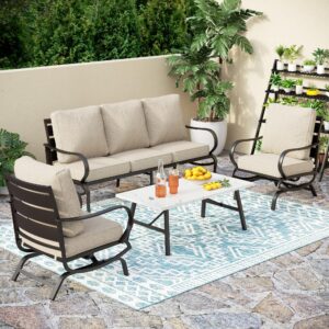 phi villa 4 pcs patio furniture set with 1 x 3 seater padded deep seating bench, 2 cushioned c-base sofa chairs and 1 metal coffee table, outdoor deluxe conversation set with 5 seat for outside