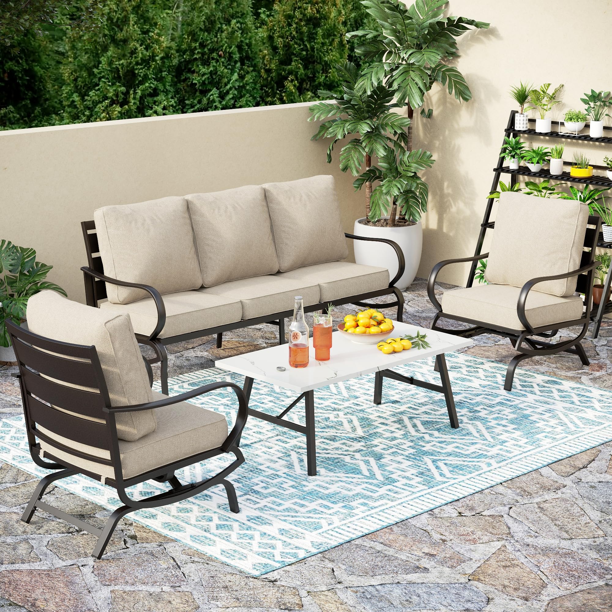 PHI VILLA 4 Pcs Patio Furniture Set with 1 x 3 Seater Padded Deep Seating Bench, 2 Cushioned C-Base Sofa Chairs and 1 Metal Coffee Table, Outdoor Deluxe Conversation Set with 5 Seat for Outside