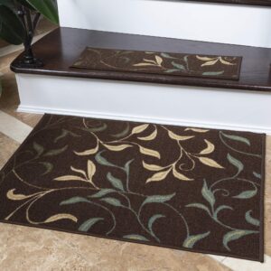 Machine Washable Leaves Design Non-Slip Rubberback 2x3 Pack of 2 Traditional Area Rug for Entryway, Bedroom, Kitchen, Bathroom, 2'3" x 3' - Pack of 2, Brown