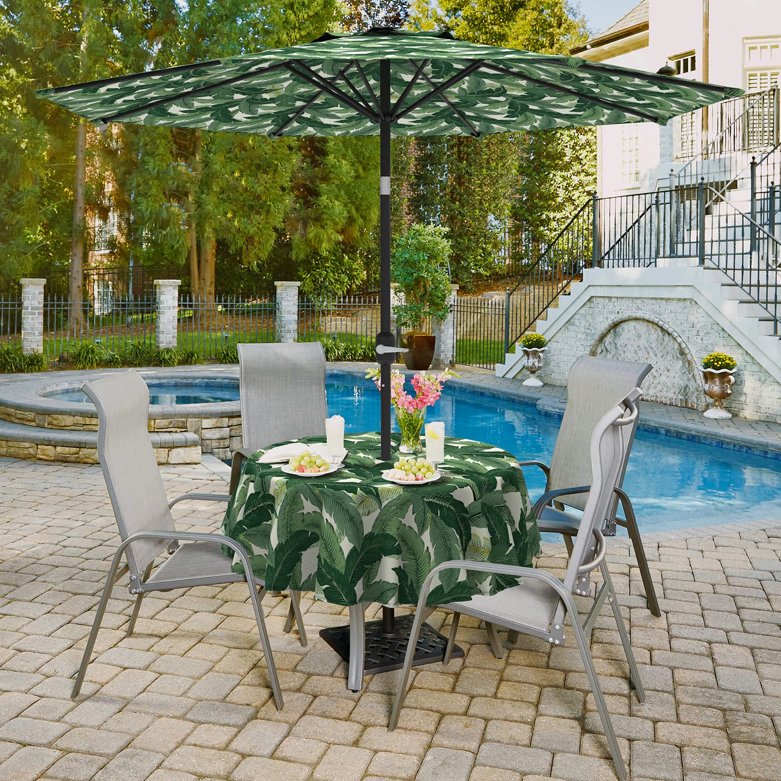 LVTXIII Outdoor Tablecloth with Umbrella Hole and Zipper, 60 Inch Water-Repellent Patio Table Cloth, Round Table Covers for Backyard Garden, Swaying Palms Green