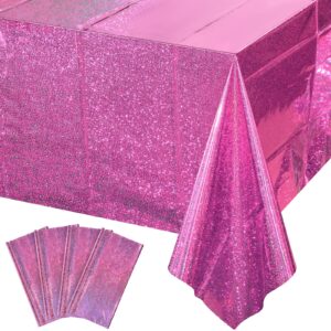 4 pack iridescence plastic tablecloths shiny disposable laser rectangle table covers holographic foil tablecloth iridescent party decoration birthday bridal wedding christmas 54" x 108" (pink)