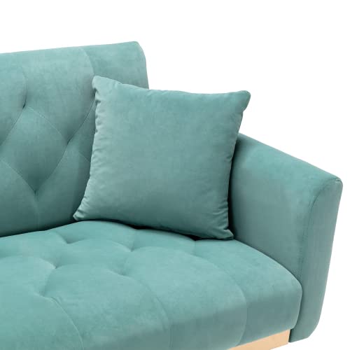 Convertible Futon Sofa Bed, Velvet Upholstered Folding Sleeper Sofa with Adjustable Backrest and 2 Pillows, Button Tufted Loveseat Sofa Couch with Metal Legs for Living Room Bedroom Office, Mint Green