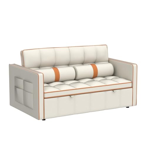 3 in 1 Sleeper Sofa Couch Bed, Small Tufted Velvet Convertible Loveseat Futon Sofa w/Pullout Bed, Adjustable Backrest, Cylinder Pillows for Living Room Apartment, Easy to Assemble, Beige, 55.5"