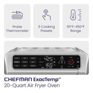 Chefman Air Fryer Toaster Oven Combo with Probe Thermometer, 12-In-1 Stainless Steel Convection Countertop, 10 Inch Pizza, 4 Slices of Toast, Cooking, Baking, Toasting, Roaster Oven Airfryer 20QT