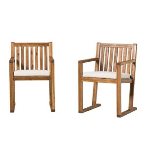 Walker Edison Tahnee Modern Solid Wood Slat-Back Cushioned Patio Dining Chairs, Set of 2, Brown