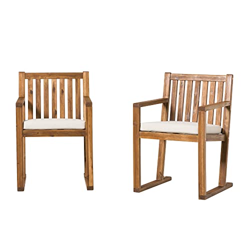 Walker Edison Tahnee Modern Solid Wood Slat-Back Cushioned Patio Dining Chairs, Set of 2, Brown