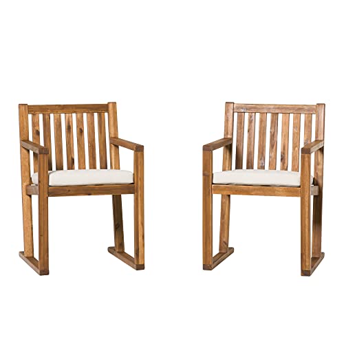 Walker Edison Tahnee Modern Solid Wood Slat-Back Cushioned Patio Dining Chairs, Set of 2, Brown