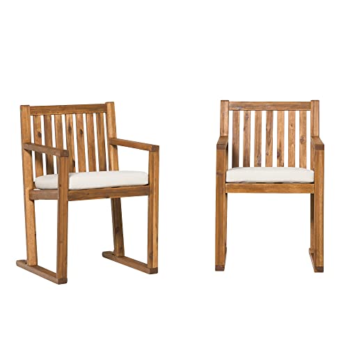 Walker Edison Tahnee Modern Solid Wood Slat-Back Cushioned Patio Dining Chairs, Set of 2, Brown