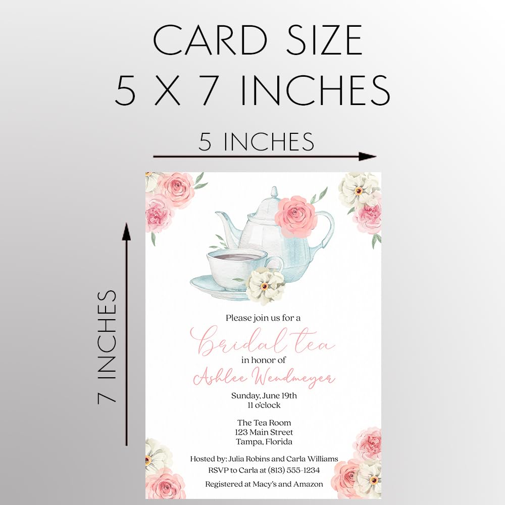 Bridal Shower Invitations Wedding Tea Party Invites Pink English British High Tea Cup Floral Flowers Cake Cookies Brunch Luncheon Customized Printed Cards (12 Count)