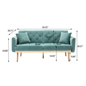 Convertible Futon Sofa Bed, Velvet Upholstered Folding Sleeper Sofa with Adjustable Backrest and 2 Pillows, Button Tufted Loveseat Sofa Couch with Metal Legs for Living Room Bedroom Office, Mint Green