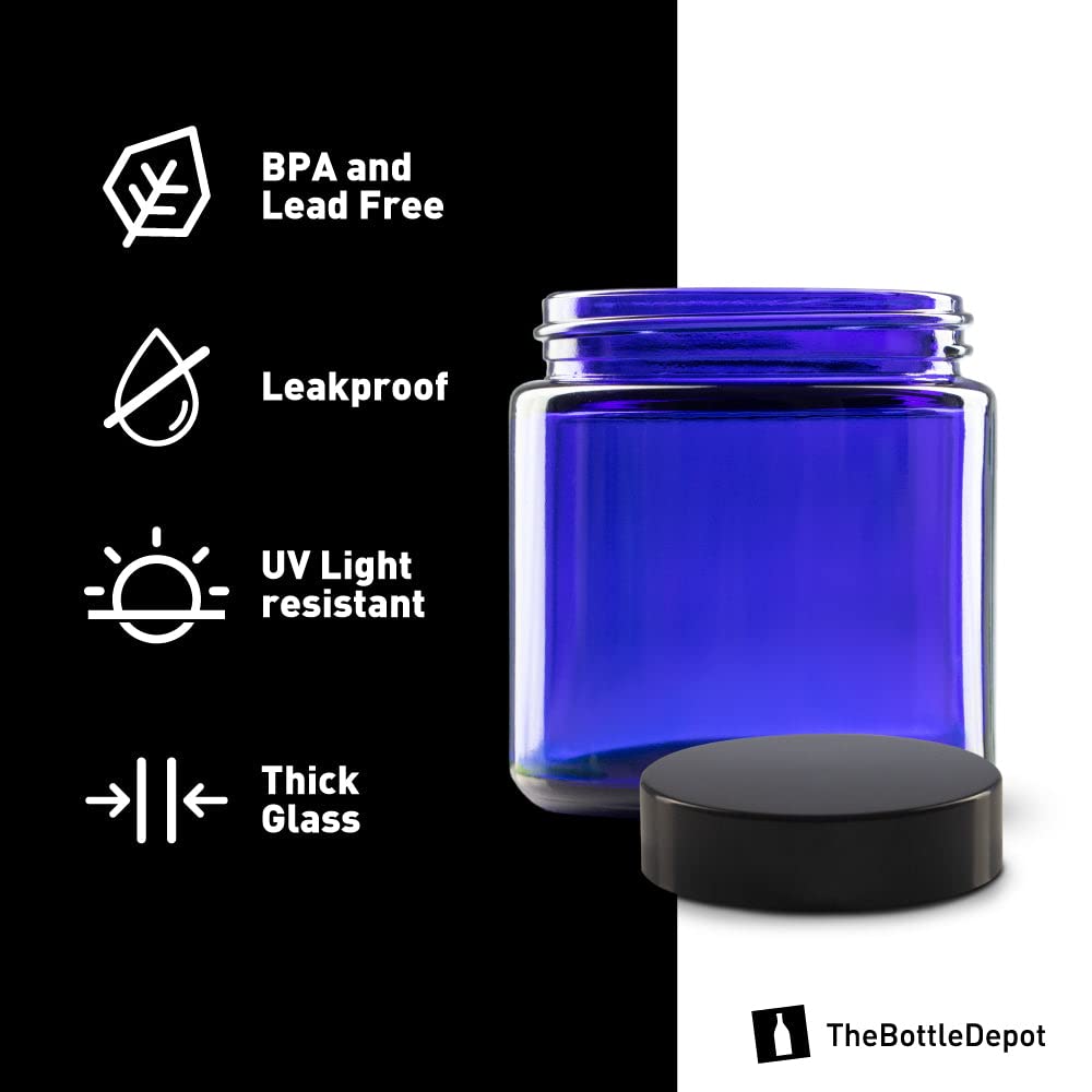 The Bottle Depot - 24 Pack - 4 oz Glass Jars with Black Lids - Blue - 58-400 Neck Finish - UV Rays Protection