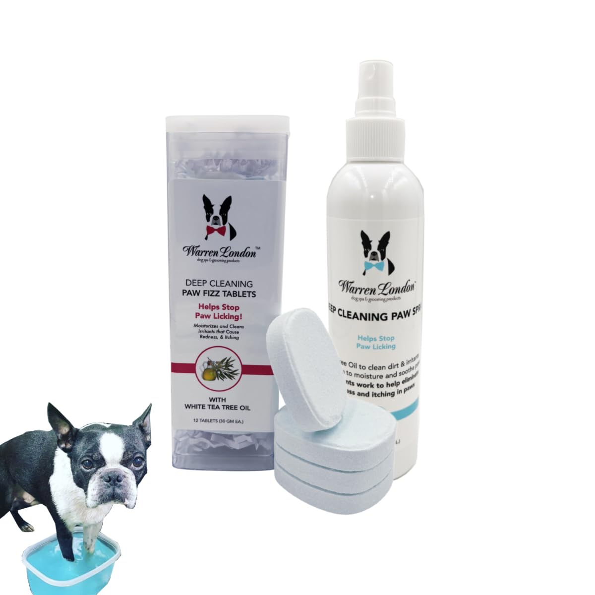 Warren London Deep Cleaning Paw Soak | Soothing Itchy Paw Relief for Dogs with Seaweed, Tea Tree Oil, & Aloe Vera | Anti Licking for Dogs Paws | 5 Minute Paw Spa Service at Home | Tablets & Spray