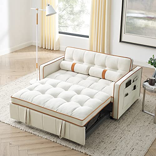 3 in 1 Sleeper Sofa Couch Bed, Small Tufted Velvet Convertible Loveseat Futon Sofa w/Pullout Bed, Adjustable Backrest, Cylinder Pillows for Living Room Apartment, Easy to Assemble, Beige, 55.5"