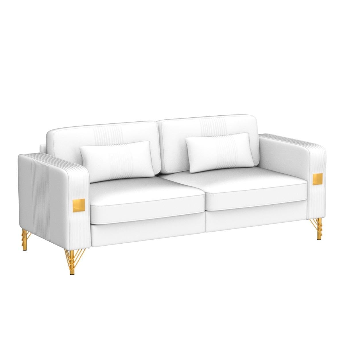 Betoko Velvet Upholstered Sofas Couches for Living Room Modern Contemporary Channel Tufted Beige 3 Seater Sofa Couch with Golden Metal Legs for Bedroom Office and Small Spaces (White)