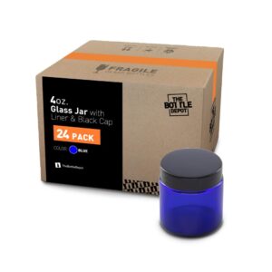 The Bottle Depot - 24 Pack - 4 oz Glass Jars with Black Lids - Blue - 58-400 Neck Finish - UV Rays Protection