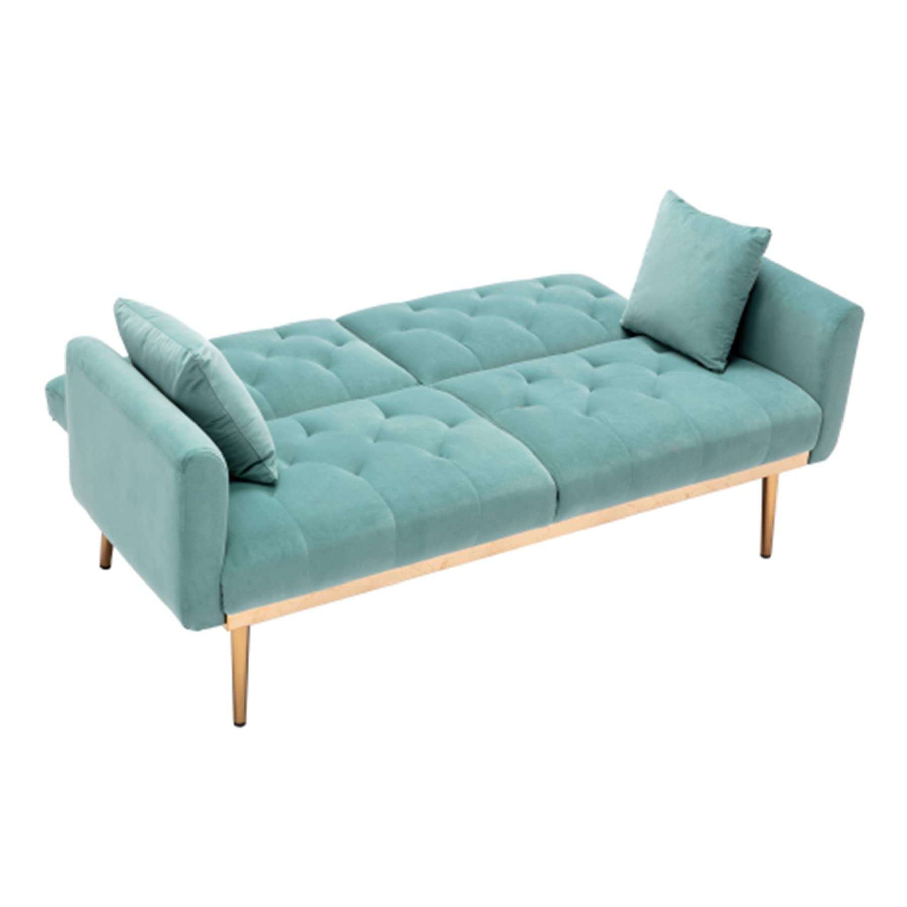 Convertible Futon Sofa Bed, Velvet Upholstered Folding Sleeper Sofa with Adjustable Backrest and 2 Pillows, Button Tufted Loveseat Sofa Couch with Metal Legs for Living Room Bedroom Office, Mint Green