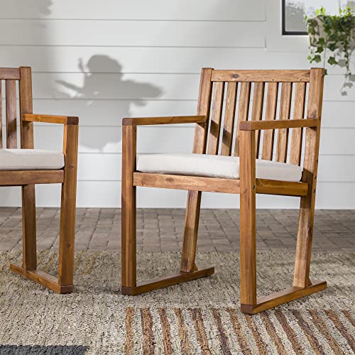 Walker Edison Tahnee Modern Solid Wood Slat-Back Cushioned Patio Dining Chairs, Set of 2, Brown