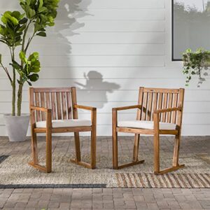 Walker Edison Tahnee Modern Solid Wood Slat-Back Cushioned Patio Dining Chairs, Set of 2, Brown