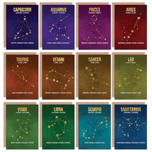 Wee Blue Coo Zodiac Birthday Cards Astrology Star Signs Constellation Blank Greeting Cards With Envelopes Pack of 12