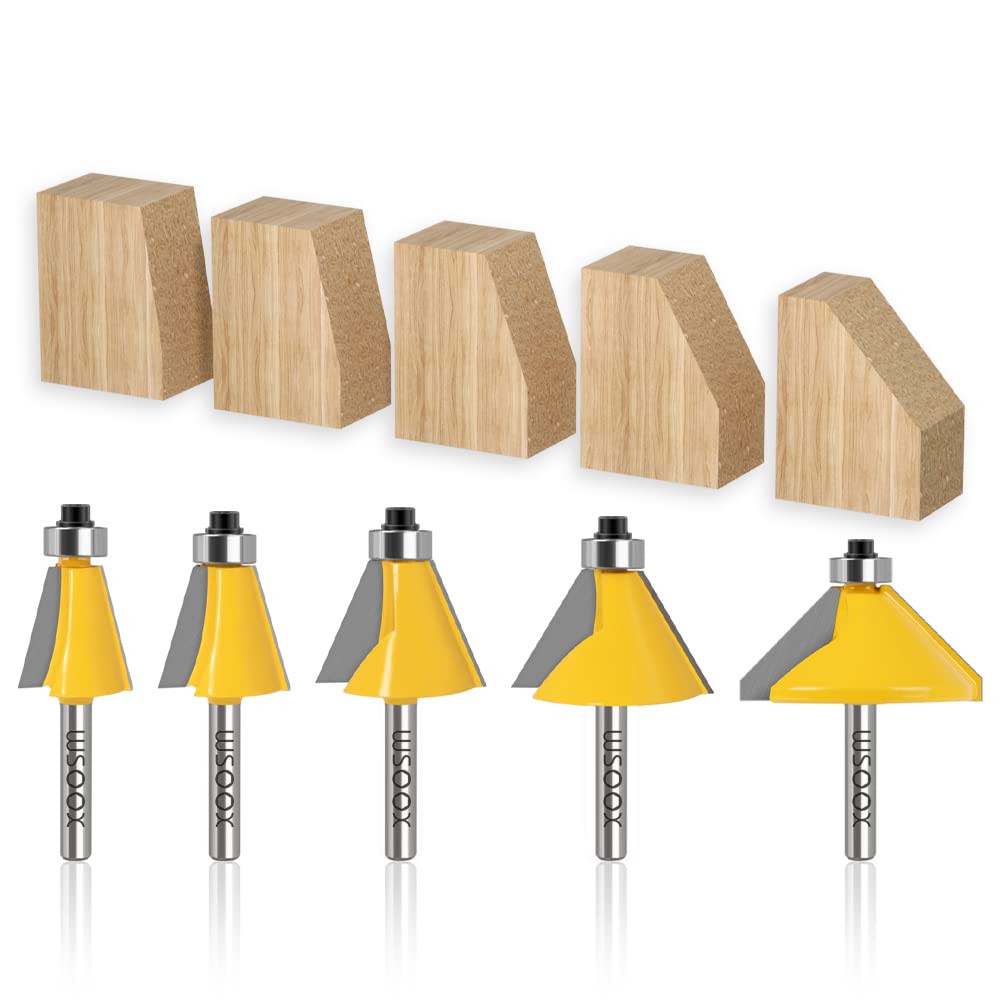 WSOOX 5PCS Chamfer Router Bits with 1/4" Shank Bevel Edge Forming Router bits (11.25°,15°,22.5°,30°,45°.)