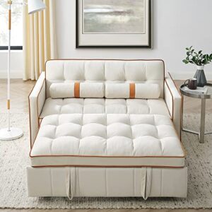 3 in 1 Sleeper Sofa Couch Bed, Small Tufted Velvet Convertible Loveseat Futon Sofa w/Pullout Bed, Adjustable Backrest, Cylinder Pillows for Living Room Apartment, Easy to Assemble, Beige, 55.5"