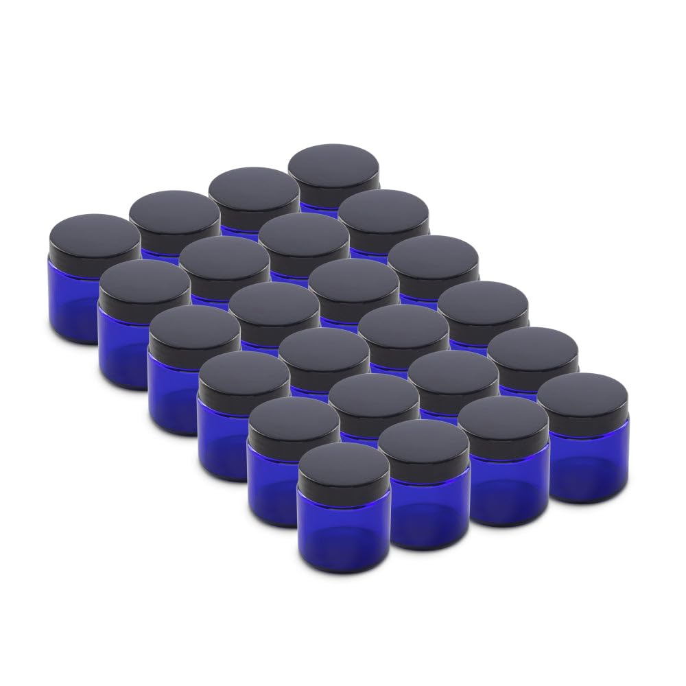 The Bottle Depot - 24 Pack - 4 oz Glass Jars with Black Lids - Blue - 58-400 Neck Finish - UV Rays Protection