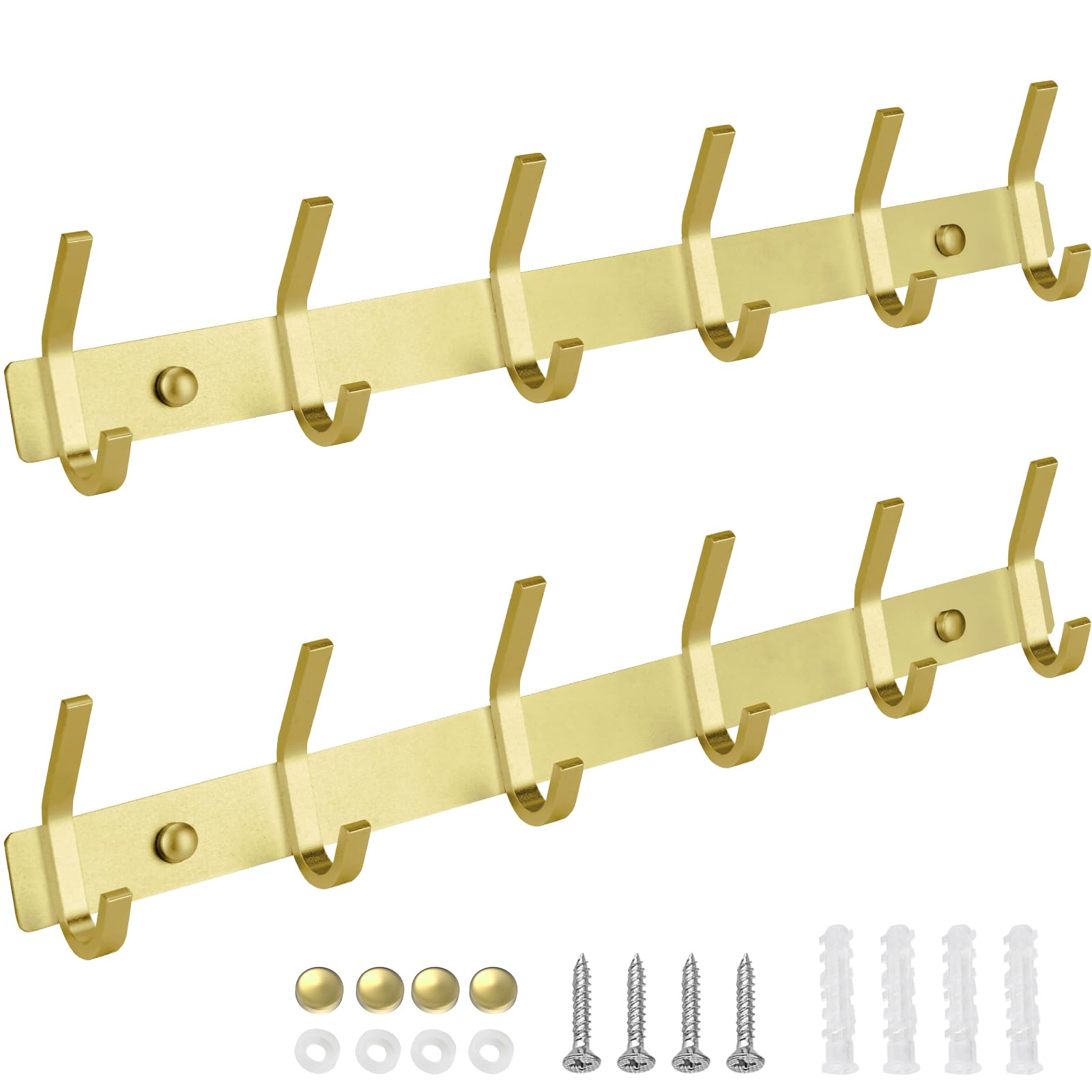 TICONN Wall Mounted Coat Rack - 6 Heavy Duty Dual Hooks All Metal Contemporary Coat Hanger for Jacket Coat Hat for Mudroom Entryway Bathroom (Gold, 2PK)